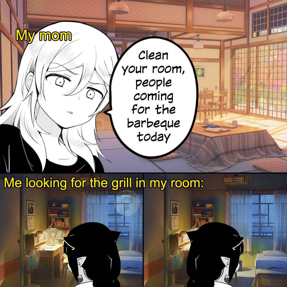 Meme anime lucu menampilkan karakter perempuan bingung saat ibunya menyuruh membersihkan kamar untuk acara barbeque.
