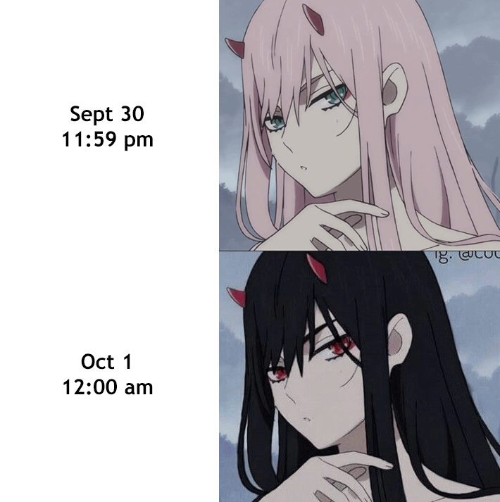 Meme anime menampilkan karakter perempuan dengan rambut berubah dari pirang muda menjadi hitam saat pergantian tanggal dari September ke Oktober.