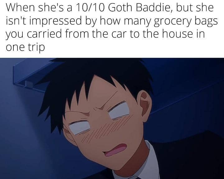 Karakter anime laki-laki dengan wajah memerah dan ekspresi malu dalam adegan malam hari disertai teks meme lucu tentang cewek gotik.