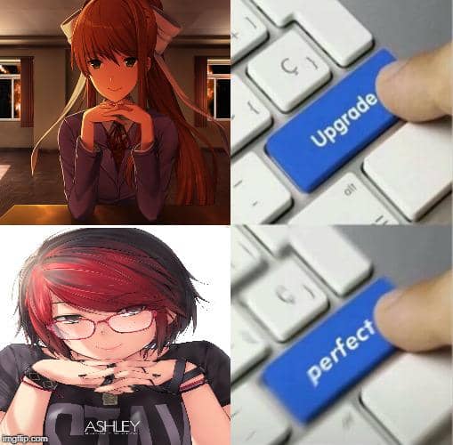 Meme anime menampilkan perbandingan dua karakter perempuan bergaya berbeda dengan tombol keyboard bertuliskan upgrade dan perfect.