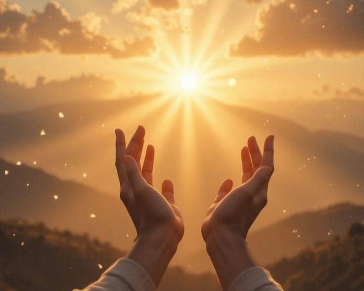 Dua tangan terangkat berdoa menghadap sinar matahari keemasan di langit pegunungan saat senja yang penuh harapan dan ketenangan.