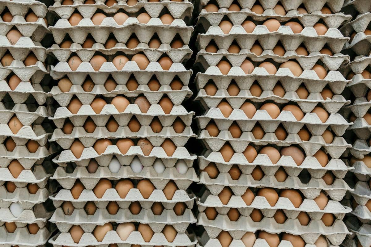 Tumpukan baki karton berisi telur ayam berwarna cokelat dan putih yang disusun rapi untuk dijual di pasaran.