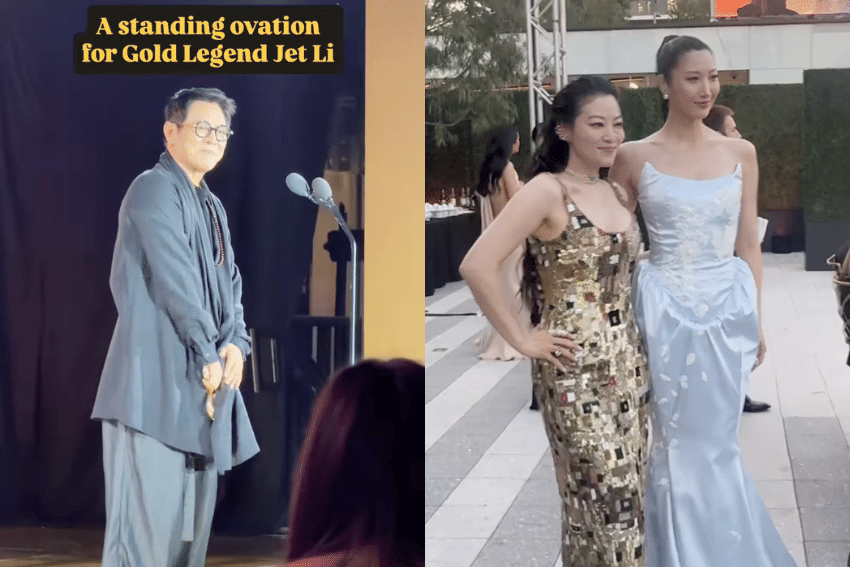 Seorang pria berdiri di panggung menerima tepuk tangan meriah, sementara dua wanita berpose mengenakan gaun elegan di acara Gold Gala 2026.