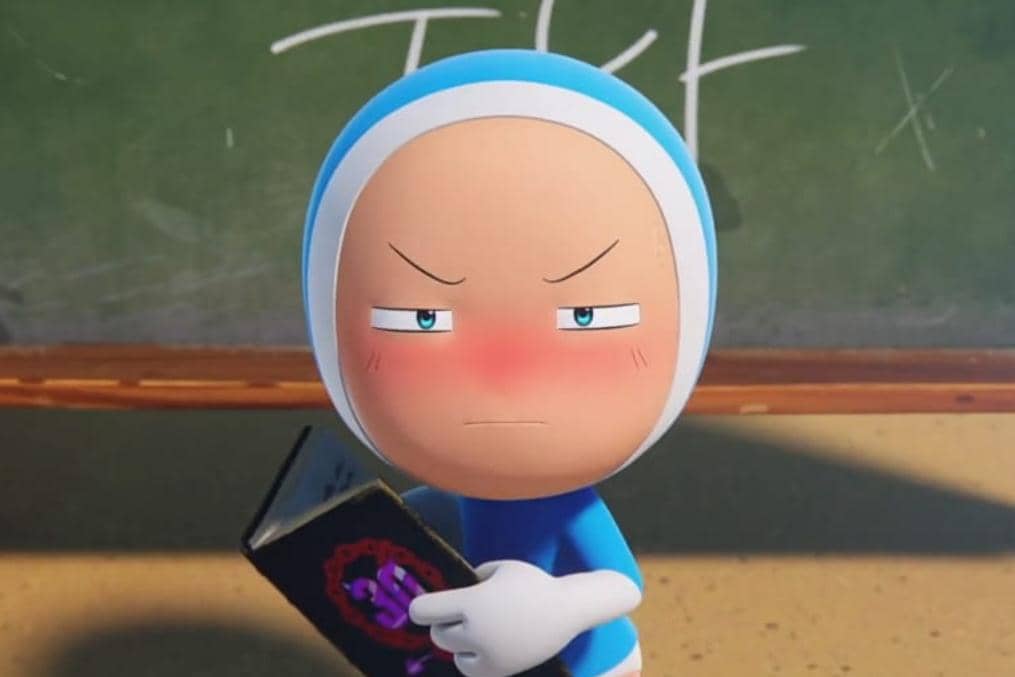 Karakter animasi dari serial Yumi's Cells 3 dengan ekspresi marah sambil memegang buku di depan papan tulis.
