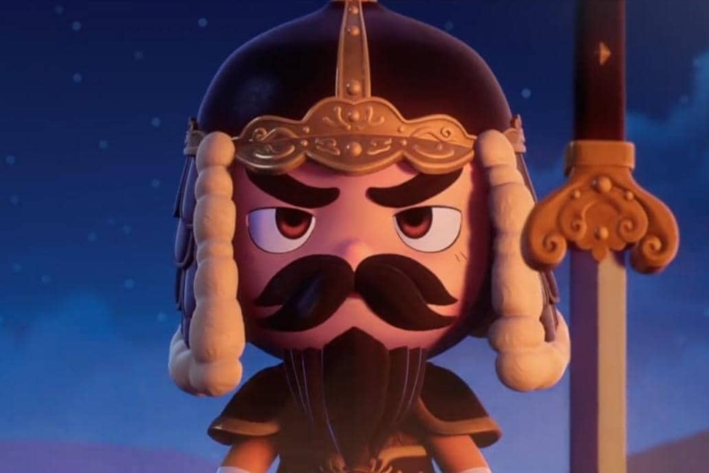 Karakter animasi berjanggut dengan helm emas dan ekspresi serius dari serial Yumi's Cells 3 di malam berbintang.