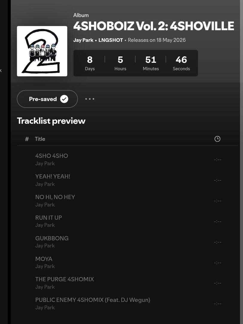 Tracklist mixtape 4SHOBOIZ Vol. 2: 4SHOVILLE dari LNGSHOT dan Jay Park