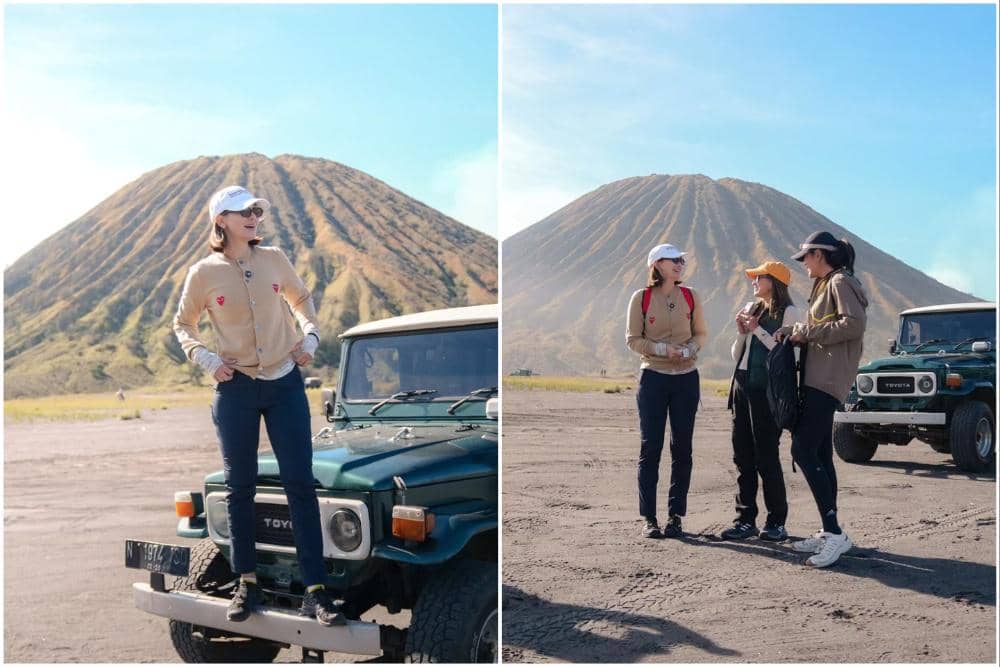 9 Potret Luna Maya Naik Jeep Keliling Savana di Gunung Bromo