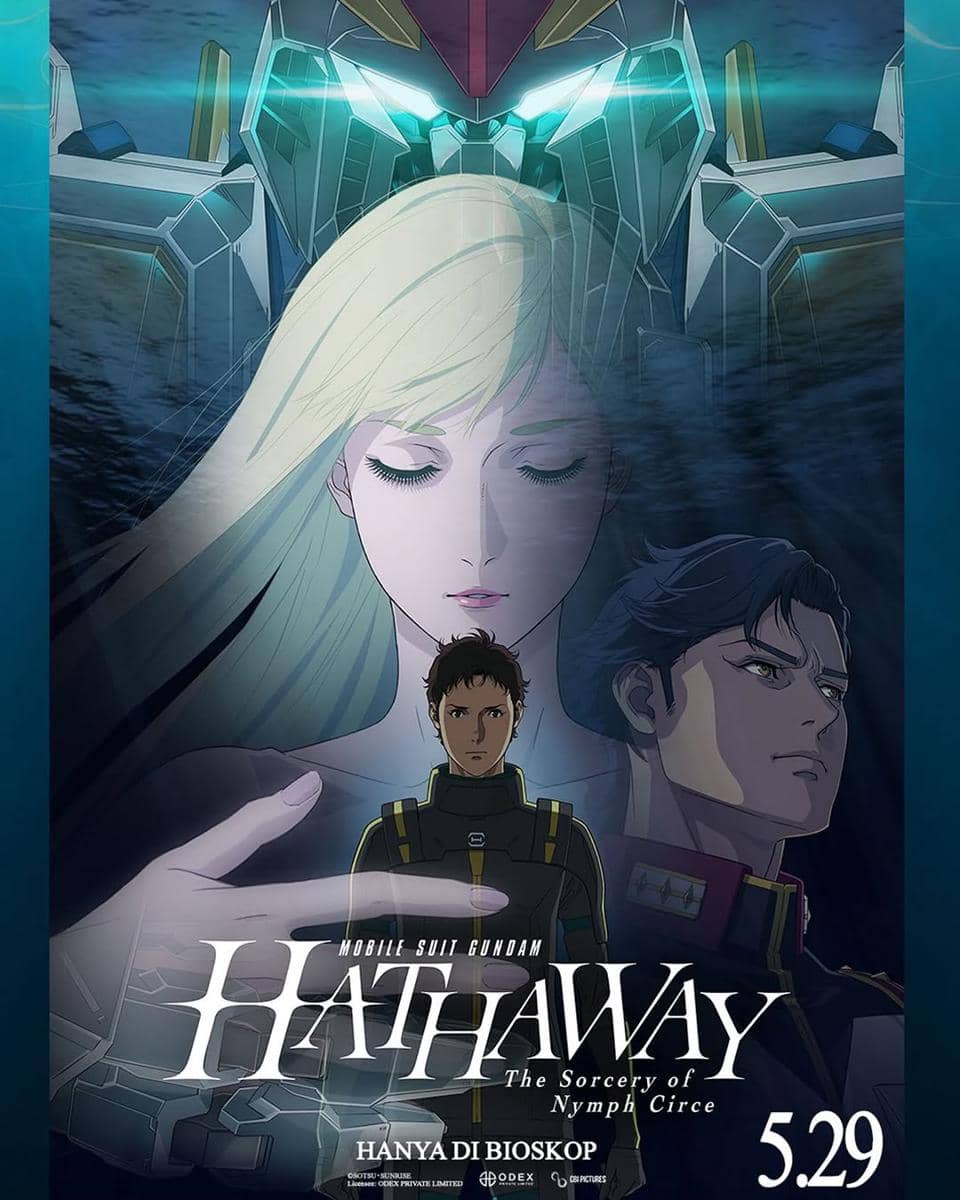 Poster film anime Mobile Suit Gundam Hathaway menampilkan tiga karakter utama dengan latar robot Gundam besar dan nuansa futuristik.