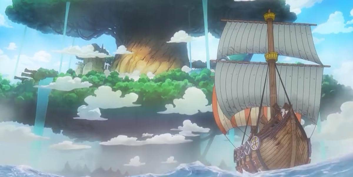 Kapal layar berlayar menuju pulau Elbaph dengan latar pohon raksasa dan langit cerah dalam adegan anime One Piece.