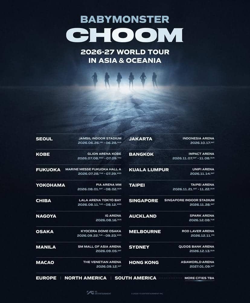 Poster tur dunia BABYMONSTER bertajuk CHOOM 2026–2027 menampilkan jadwal konser di berbagai kota Asia dan Oseania.