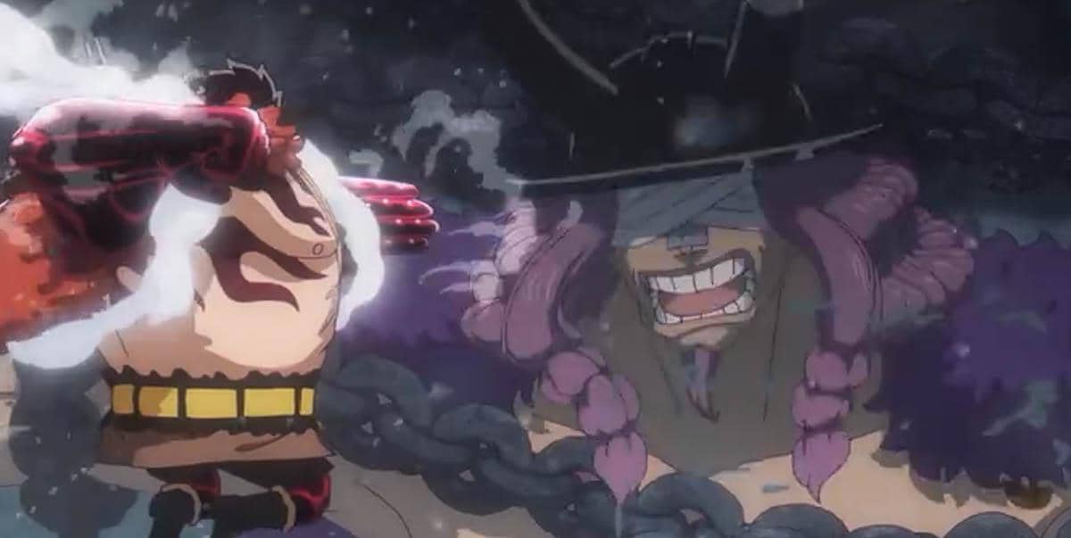 Luffy dalam mode Gear 4 bertarung melawan Loki yang terbelenggu rantai dalam adegan intens dari anime One Piece.