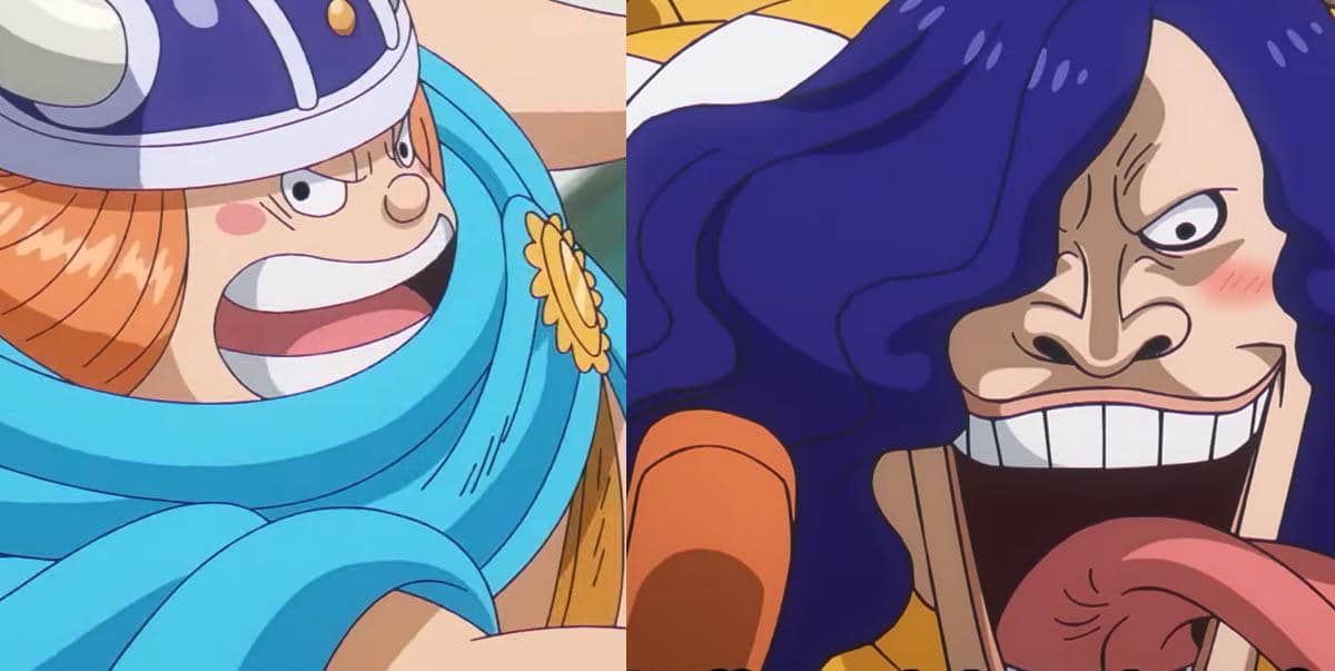 Dua karakter anime One Piece, Goldberg dan Road, saling berhadapan dengan ekspresi marah dan penuh semangat dalam adegan pertarungan.
