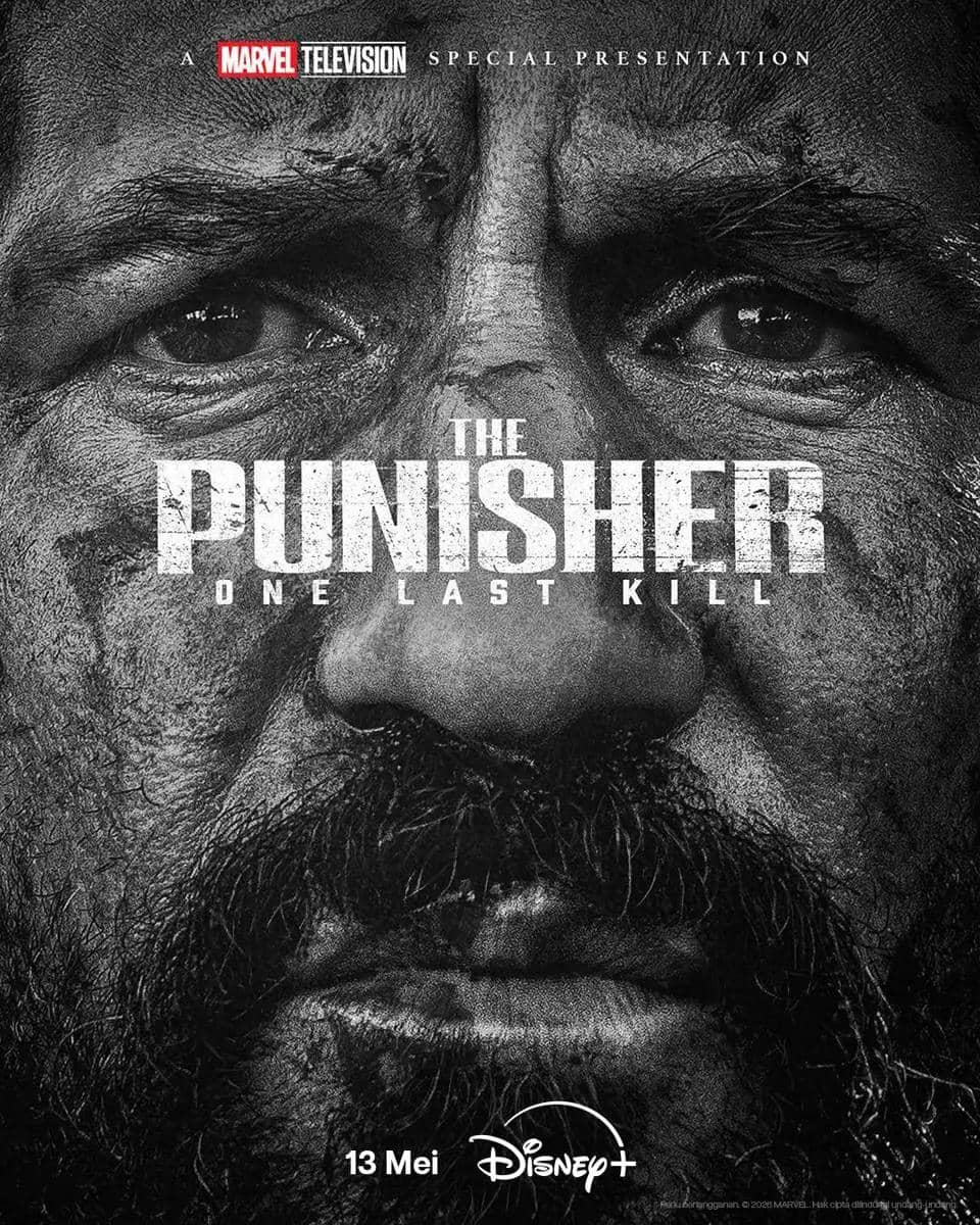 Poster hitam putih serial The Punisher: One Last Kill menampilkan wajah pria berjanggut dengan ekspresi serius dan intens.