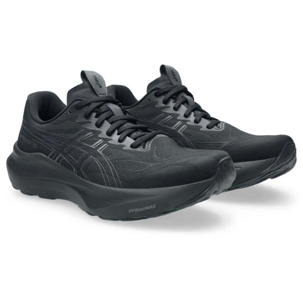 Sepasang sepatu lari pria ASICS GT-2000 14 Standard berwarna hitam dengan desain modern dan sol tebal untuk kenyamanan maksimal.