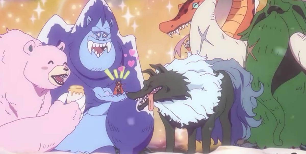Luffy berdiri di tangan makhluk besar berwarna biru dikelilingi hewan raksasa seperti beruang, serigala, dan naga dalam suasana ceria.