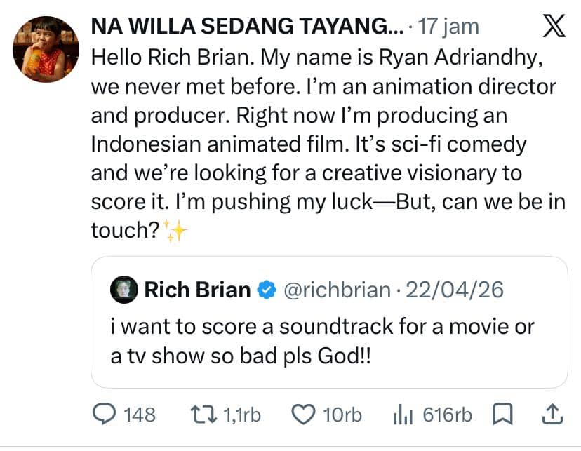 Tangkapan layar unggahan Ryan Adriandhy di X yang menanggapi cuitan Rich Brian tentang keinginannya membuat musik untuk film atau serial.