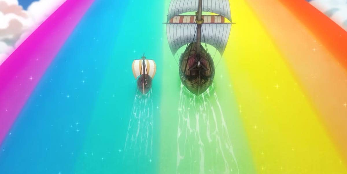Dua kapal layar berlayar menaiki pelangi berwarna cerah di langit, dengan air berkilau di bawahnya dan awan putih di kejauhan.