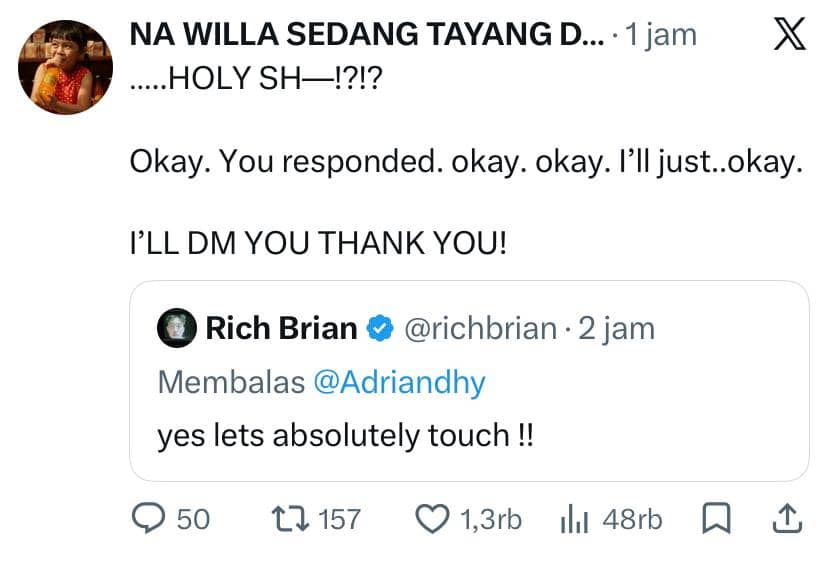 Tangkapan layar unggahan di X dari Ryan Adriandhy yang menunjukkan tanggapannya terhadap balasan dari akun terverifikasi Rich Brian.