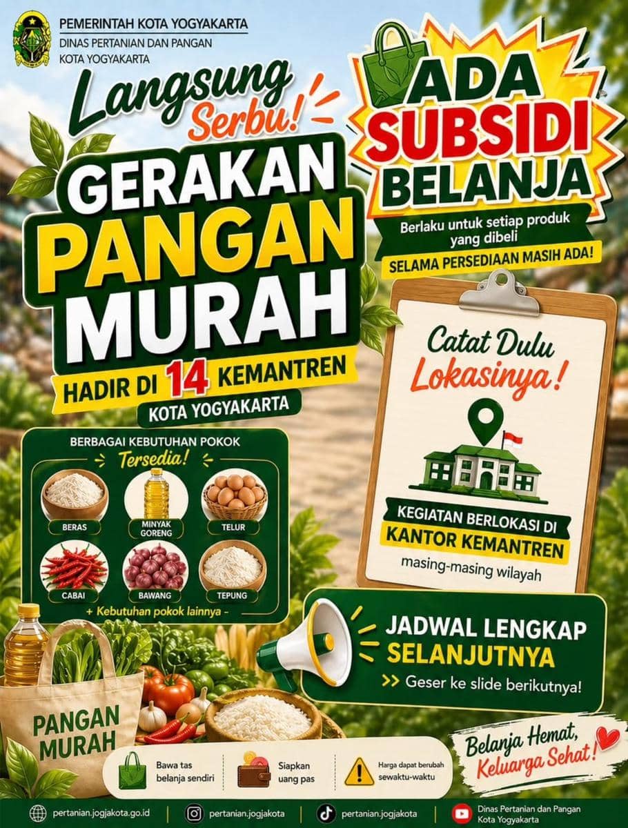 Poster promosi Gerakan Pangan Murah di Kota Yogyakarta dengan informasi subsidi belanja, lokasi kegiatan di kantor kemantren, dan daftar kebutuhan pokok.