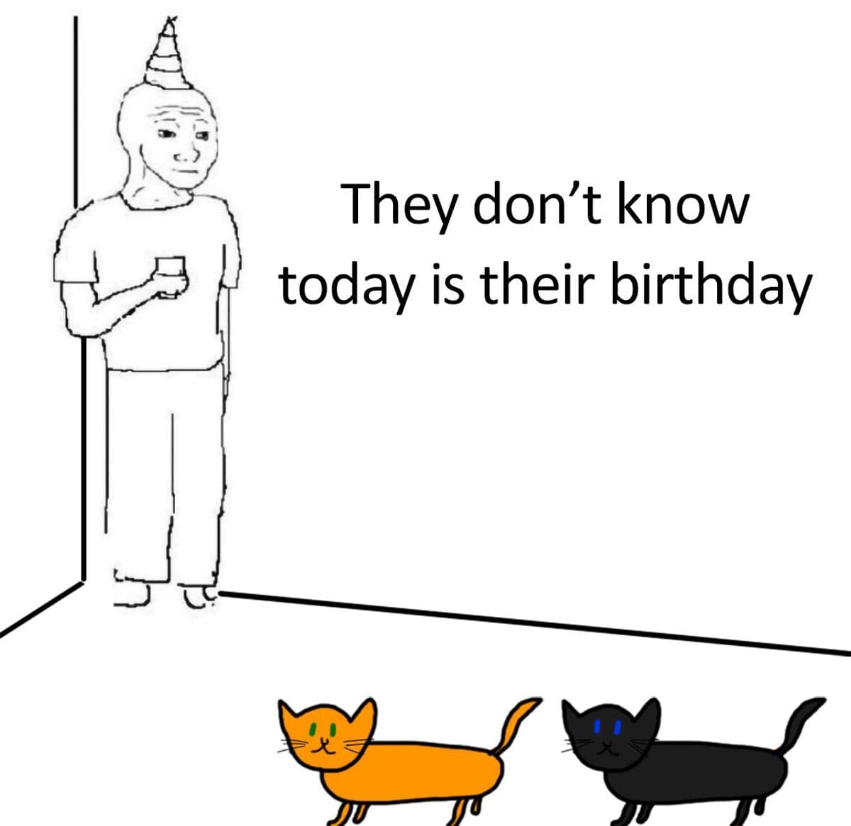 Ilustrasi meme dengan gambar pria memakai topi ulang tahun memandangi dua kucing berwarna oranye dan hitam dengan teks lucu tentang ulang tahun.
