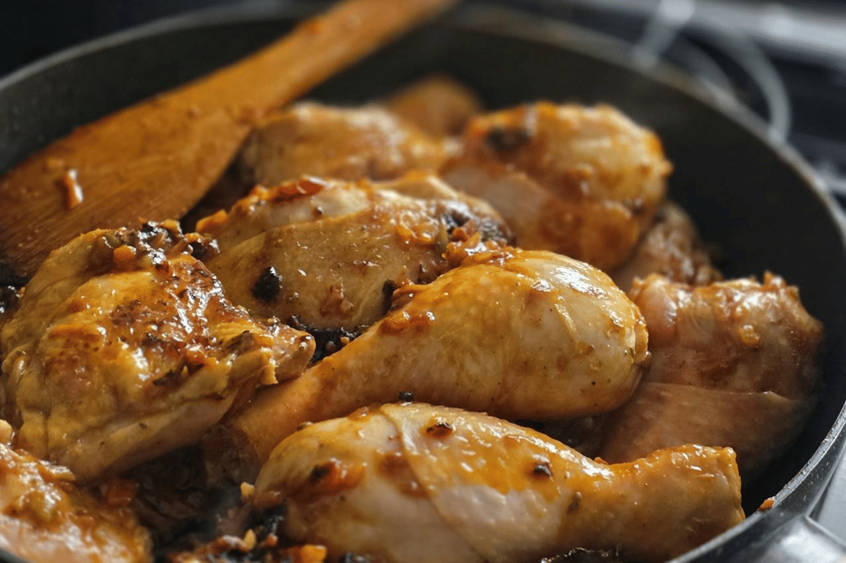 Beberapa potong paha ayam dimasak dengan bumbu ala Provence berwarna keemasan di dalam wajan dengan spatula kayu.