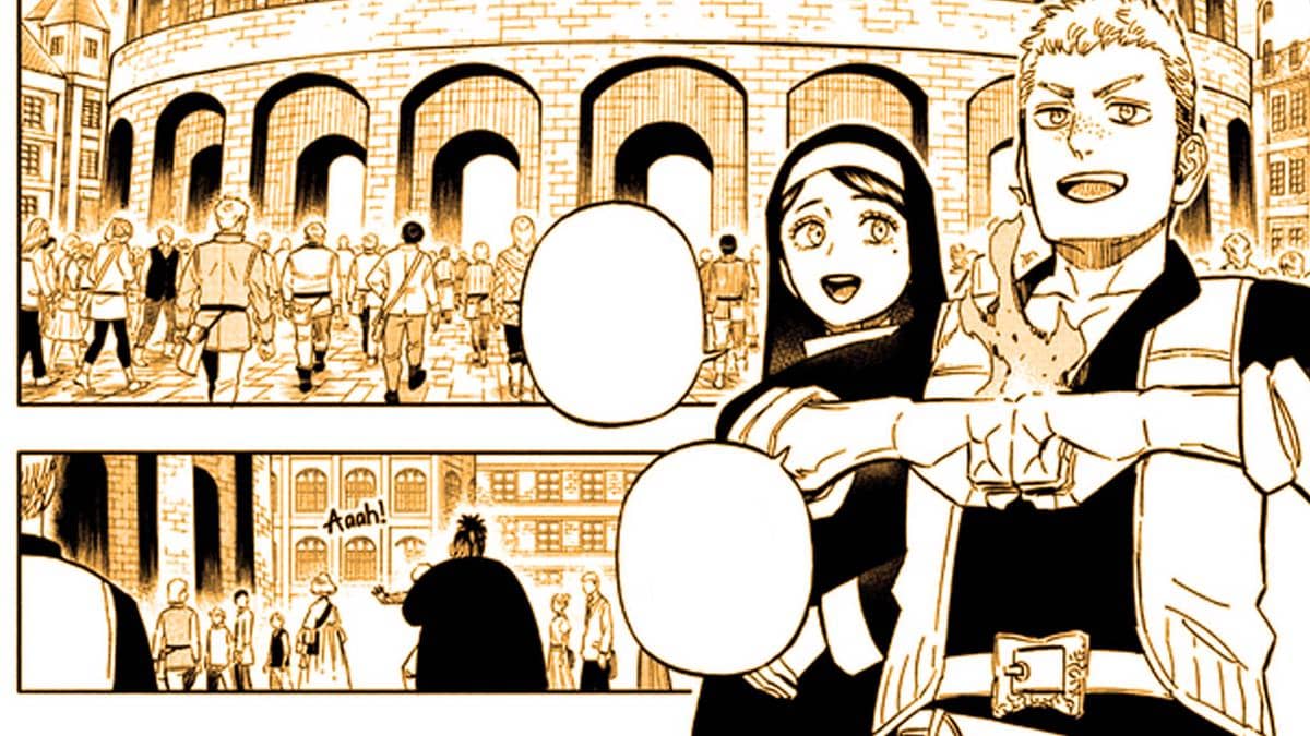 Lily dan Nash dari manga Black Clover berdiri di depan bangunan besar dengan banyak orang berjalan di sekitarnya.