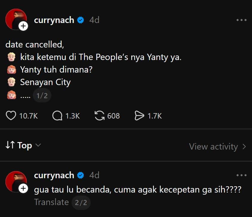 Tangkapan layar unggahan Threads dari akun currynach dengan teks percakapan lucu tentang pembatalan kencan dan lokasi di Senayan City.