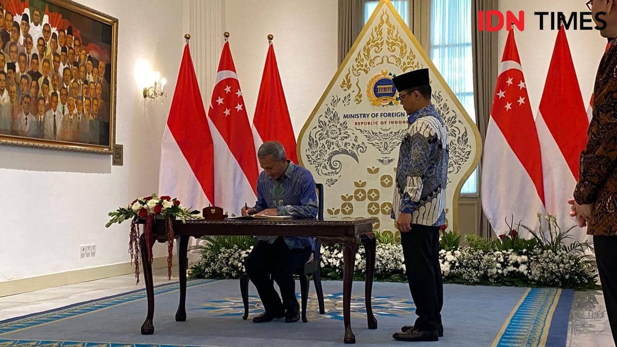 Menlu Sugiono sambut Menlu Singapura Vivian Balakhrisnan di Gedung Pancasila, Kementerian Luar Negeri RI, Jakarta.