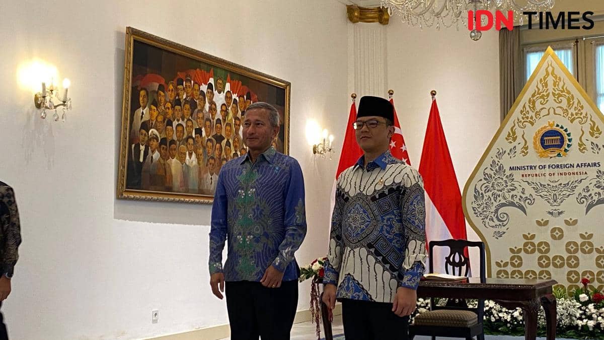 Menlu Sugiono sambut Menlu Singapura Vivian Balakhrisnan di Gedung Pancasila, Kementerian Luar Negeri RI, Jakarta.