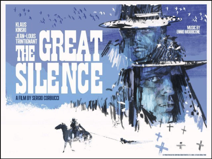 Poster film The Great Silence bergaya ilustrasi dengan dua wajah karakter utama mengenakan topi koboi dan sosok penunggang kuda di latar bersalju.
