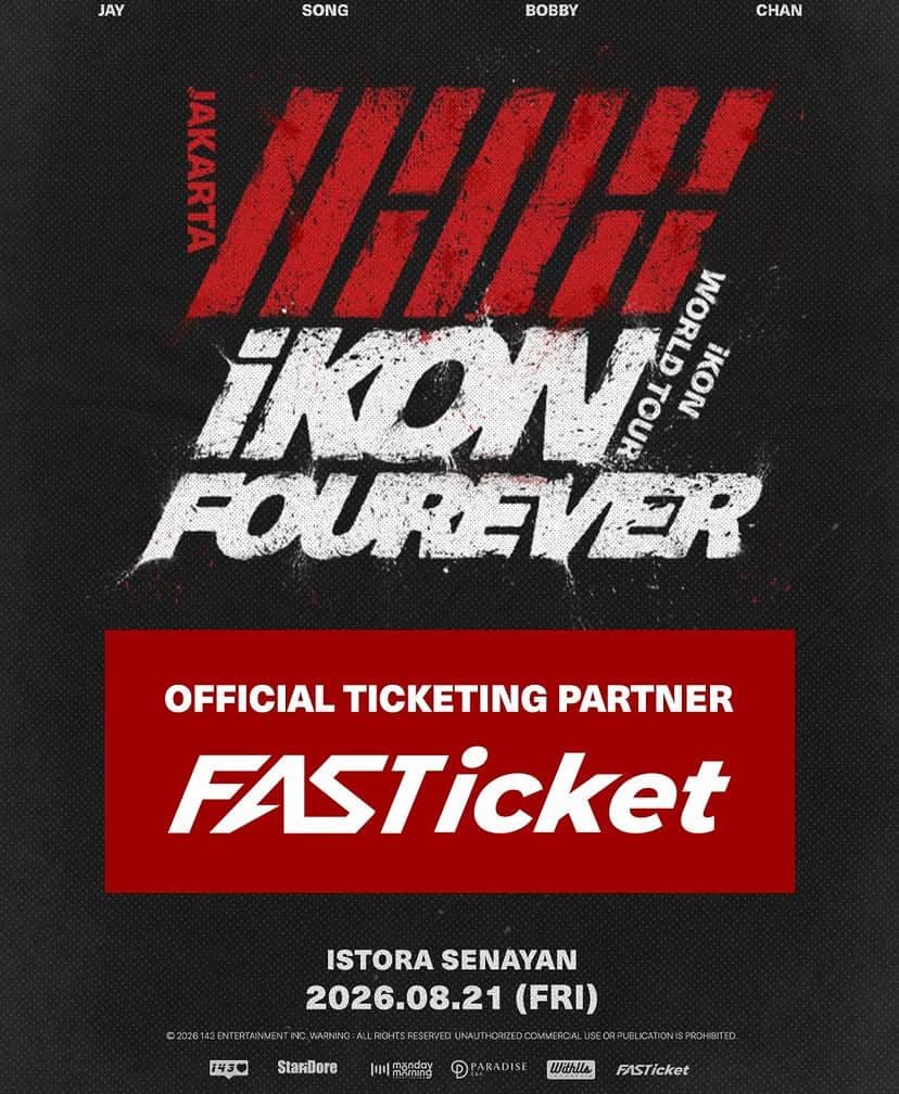 Poster tur dunia iKON bertajuk iKON FOUREVER di Jakarta tahun 2026 dengan informasi tanggal konser dan mitra penjualan tiket resmi.