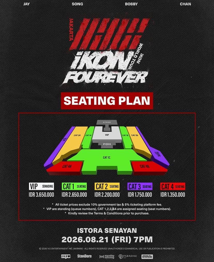 Poster konser iKON World Tour 2026 di Jakarta menampilkan denah tempat duduk dan kategori tiket dengan harga berbeda di Istora Senayan.