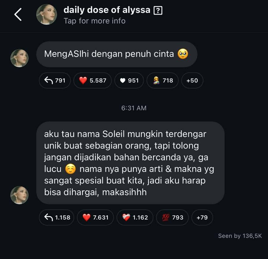 Tangkapan layar unggahan Instagram berisi pesan Alyssa Daguise tentang makna nama Soleil dan permintaan agar tidak dijadikan bahan candaan.