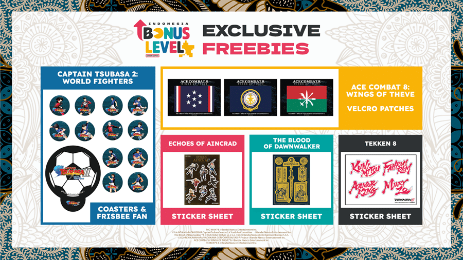 Koleksi merchandise eksklusif dari Bandai Namco Entertainment Asia termasuk stiker, patch velcro, tatakan gelas, dan kipas frisbee bertema game populer.