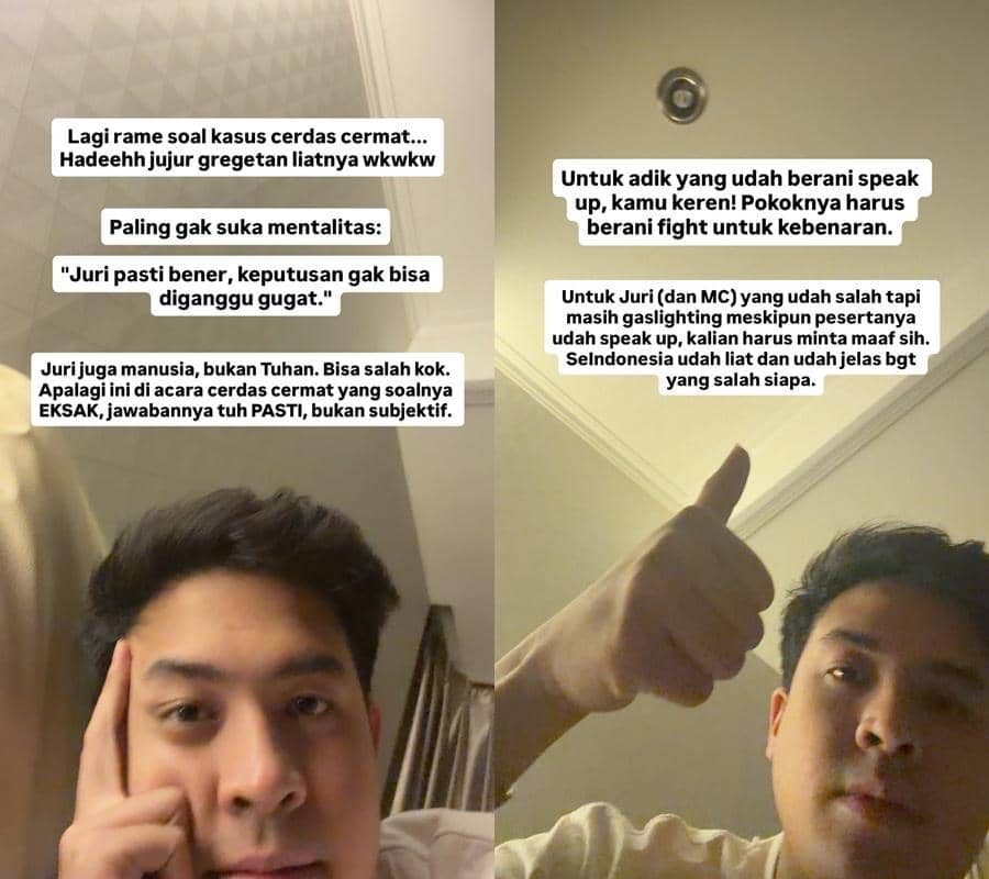Seorang pria berpose di kamar dengan ekspresi serius dan mengacungkan jempol sambil menampilkan teks dukungan untuk peserta cerdas cermat MPR RI di media sosial.