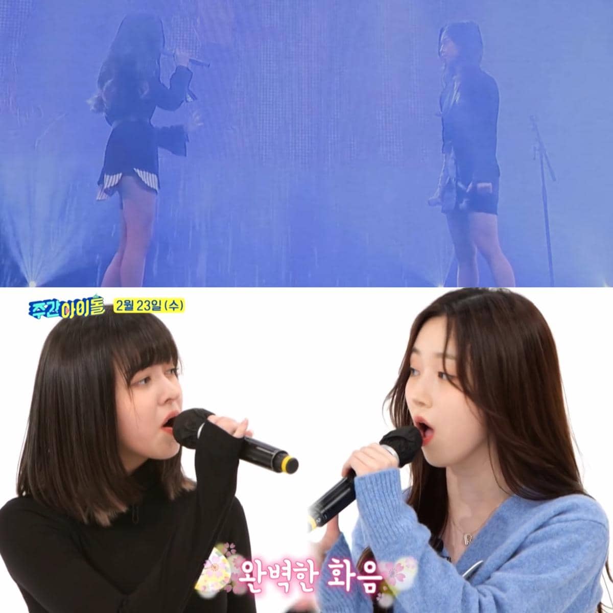 potret Lily dan Haewon saat duet vokal "Speechless" di JYP trainee showcase 2019 sekaligus kembali menampilkannya ulang di program Weekly Idol