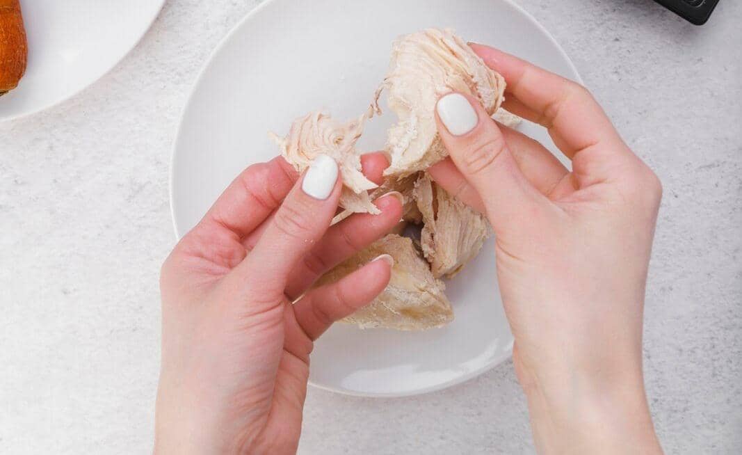 Ilustrasi seseorang menikmati makanan di piring dengan tangan, disertai lauk dan minuman di meja makan.