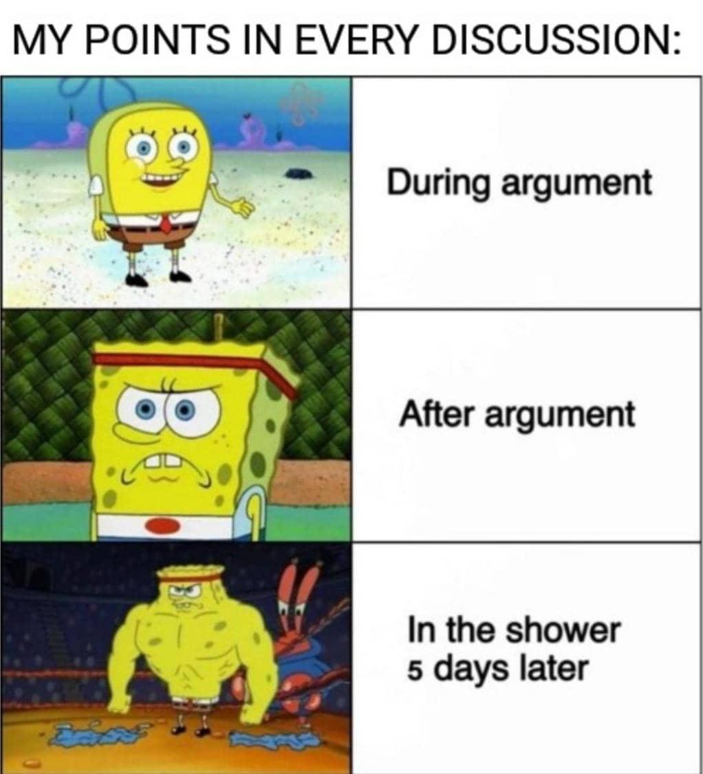 Meme tiga panel menampilkan karakter SpongeBob SquarePants dengan ekspresi berbeda menggambarkan kekuatan argumen di berbagai situasi.