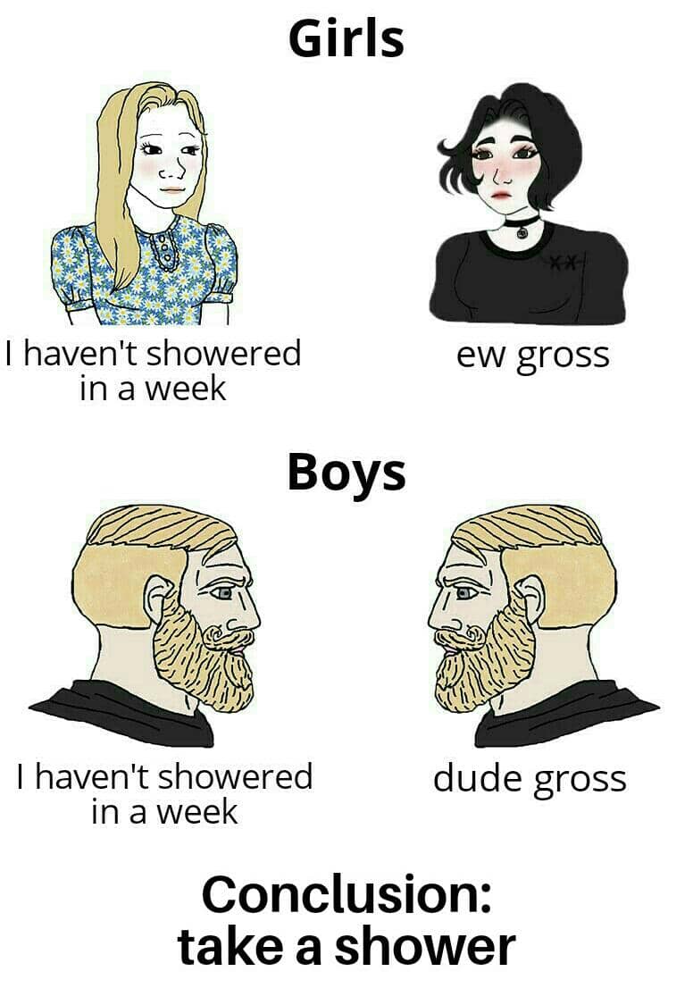 Meme bergambar perbandingan reaksi antara perempuan dan laki-laki terhadap kebiasaan tidak mandi selama seminggu dengan kesimpulan untuk mandi.