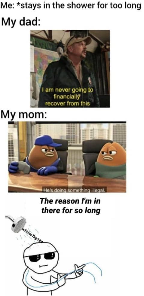 Meme lucu tentang perbedaan reaksi ayah dan ibu saat anak mandi terlalu lama, dengan gambar karakter kartun dan orang di bawah pancuran.
