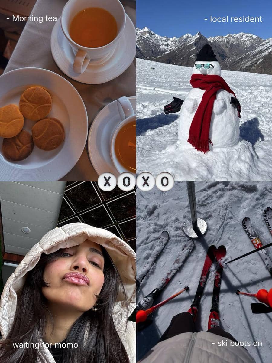 Kolase empat foto menampilkan secangkir teh pagi dengan biskuit, manusia salju di pegunungan bersalju, wanita berjaket tebal, dan perlengkapan ski di salju.