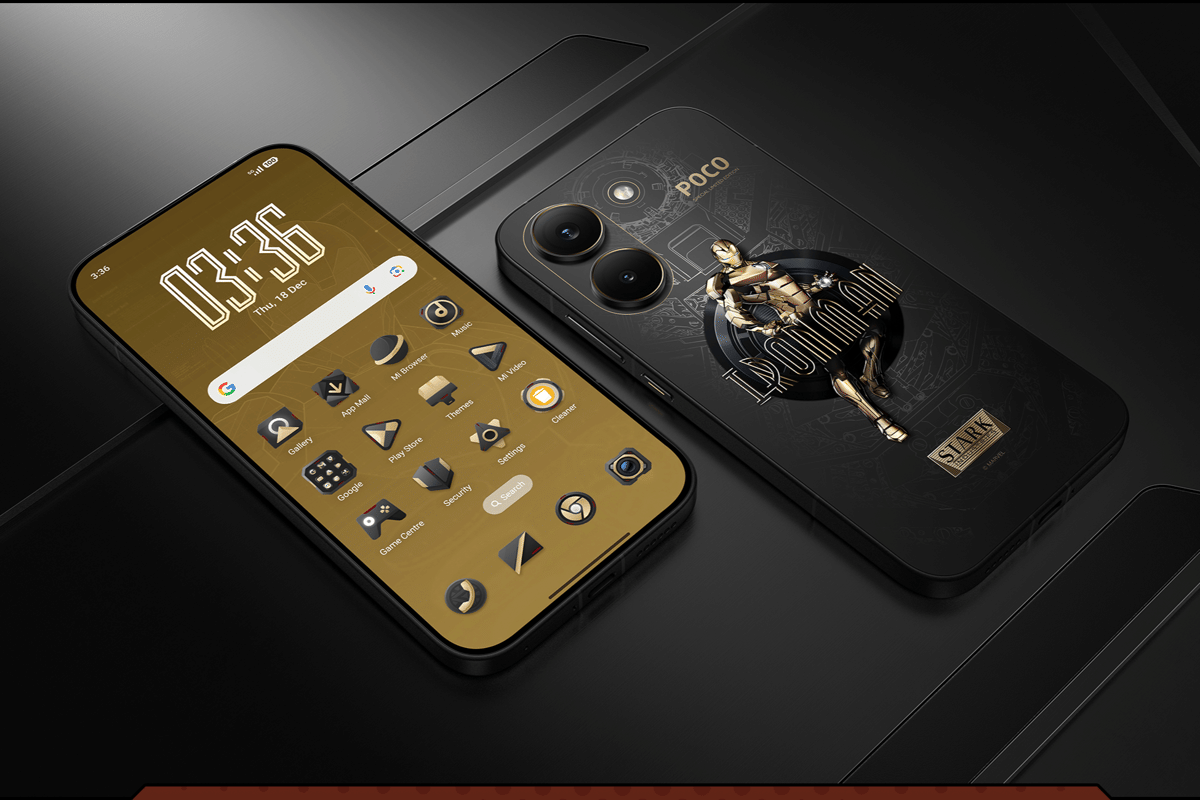 Poco X8 Pro edisi khusus dengan tema warna emas dan hitam, menampilkan desain karakter ikonik di bagian belakang dan antarmuka layar serasi.