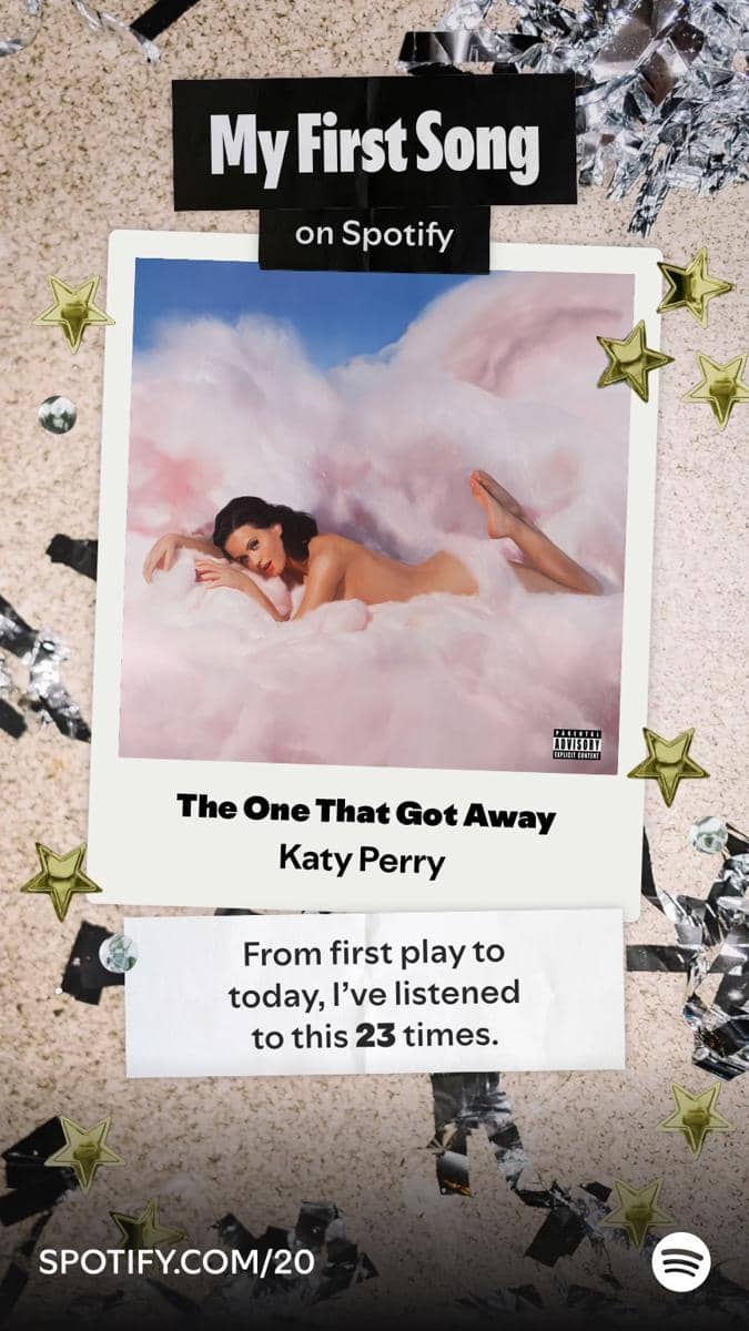 Tampilan Spotify menampilkan lagu pertama pengguna berjudul The One That Got Away oleh Katy Perry dengan desain penuh bintang dan konfeti.