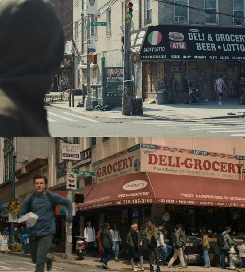 Perbandingan dua adegan dari serial The Punisher: One Last Kill dan film Spider-Man: Homecoming yang menampilkan toko deli di sudut jalan kota.