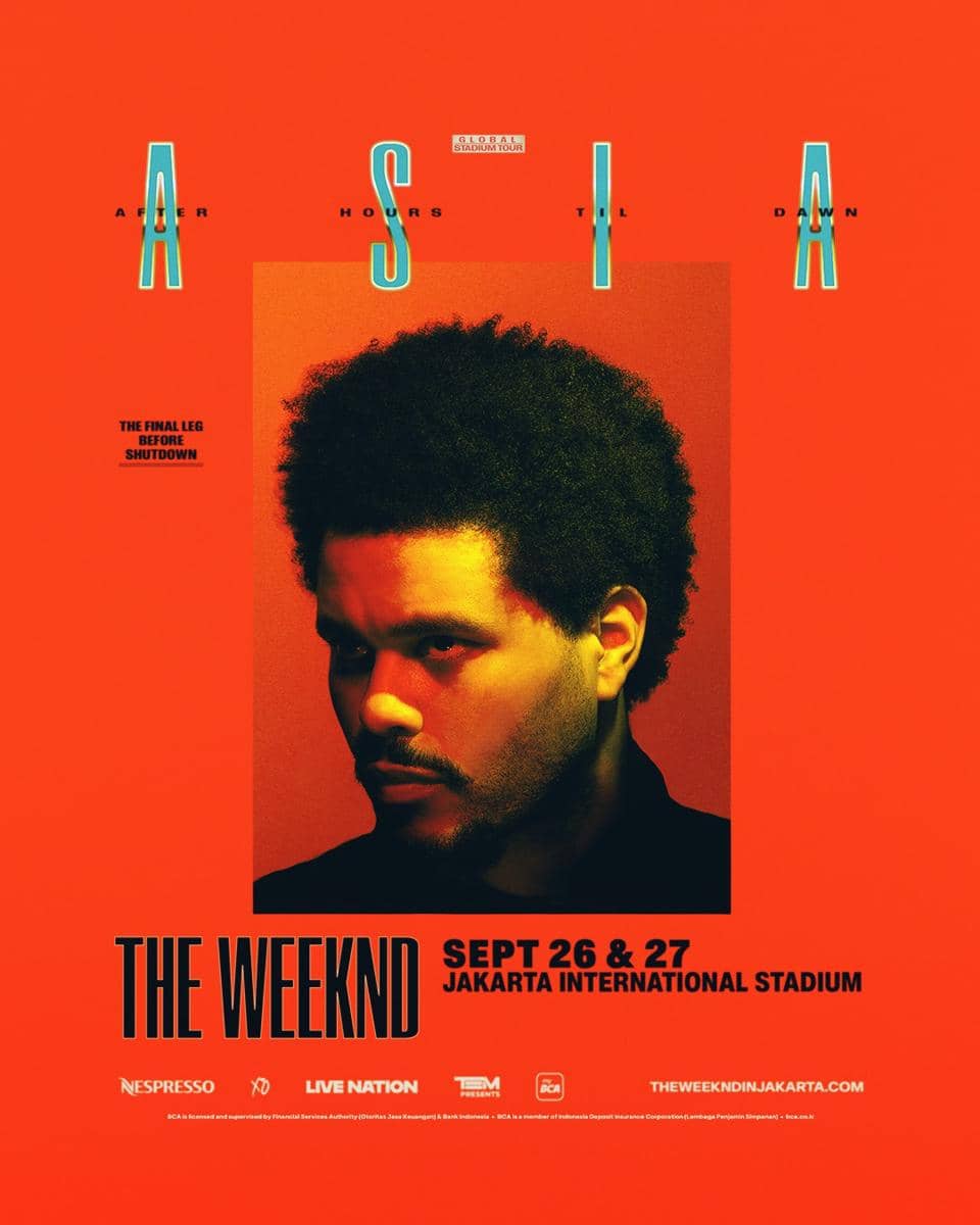 Poster konser The Weeknd After Hours Til Dawn Tour di Jakarta International Stadium pada 26 dan 27 September dengan latar oranye mencolok.