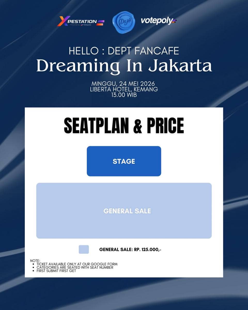 Poster acara Hello: Dept Fancafe Dreaming in Jakarta dengan informasi tanggal, lokasi, dan harga tiket general sale Rp125.000.