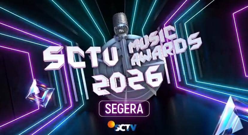 Logo SCTV Music Awards 2026 dengan latar neon berwarna ungu dan biru serta tulisan 'Segera' di bagian bawah.