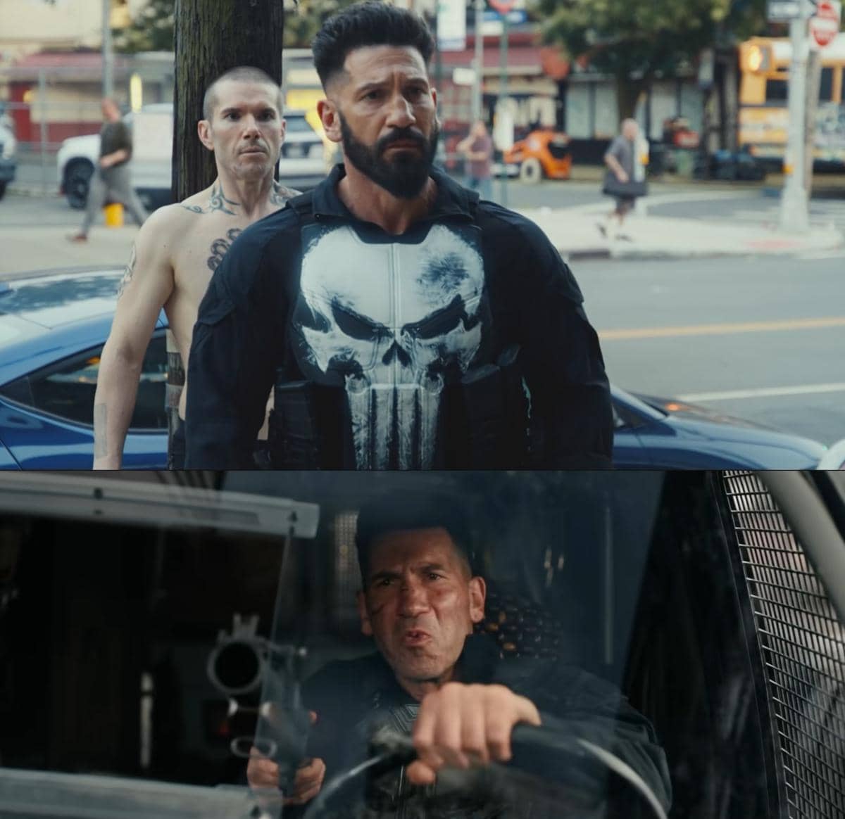 Adegan dari serial The Punisher: One Last Kill menampilkan karakter utama dengan rompi bergambar tengkorak dan aksi menegangkan di kendaraan.