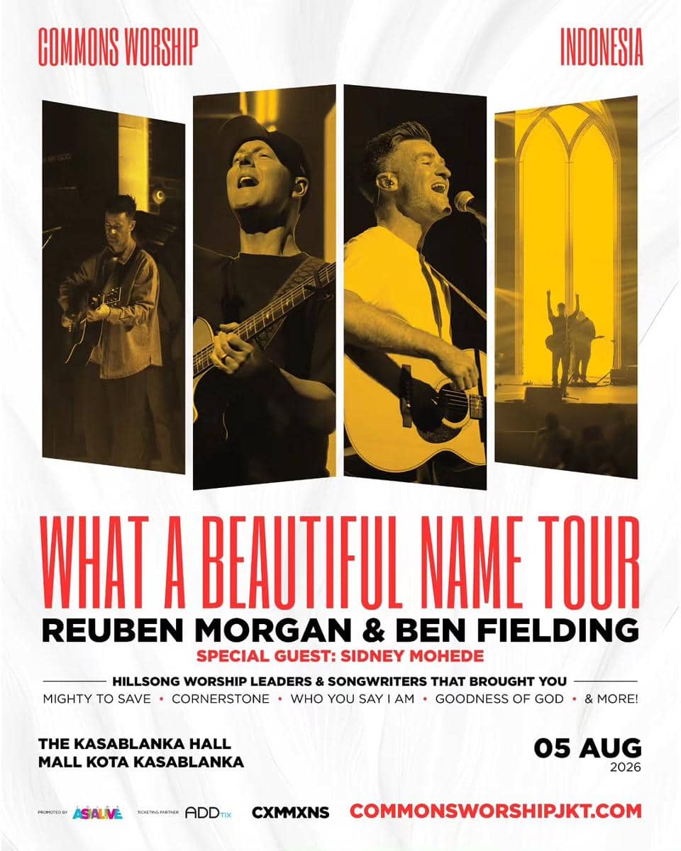 Poster tur konser Commons Worship bertajuk What A Beautiful Name Tour di Jakarta 2026 dengan Reuben Morgan, Ben Fielding, dan tamu khusus Sidney Mohede.