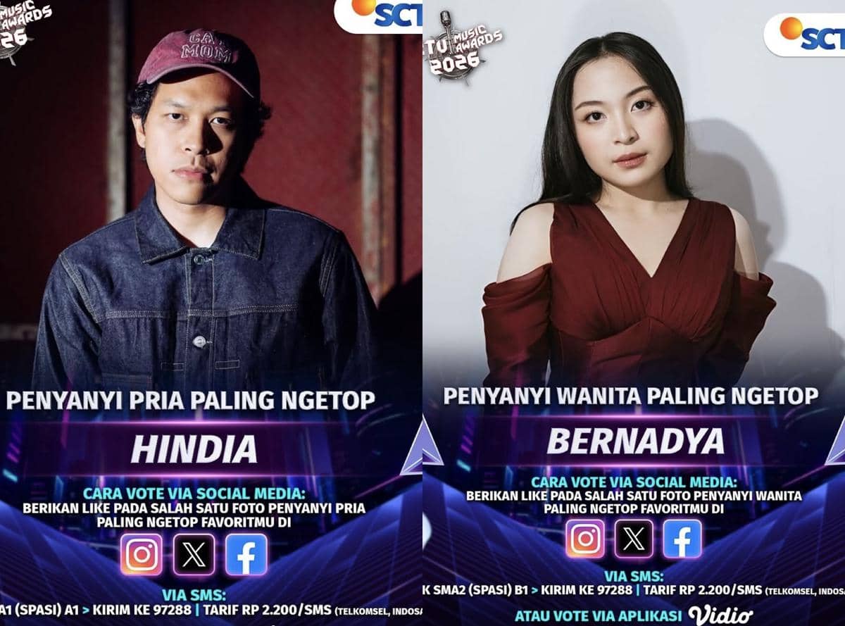 Poster nominasi SCTV Music Awards 2026 menampilkan penyanyi pria dan wanita yang masuk kategori penyanyi paling ngetop.